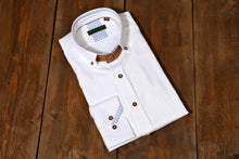 Afbeelding in Gallery-weergave laden, TRACHTENHEMD WIT-BLAUW MET LEREN KRAAG

